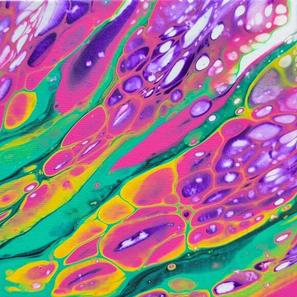 Handmade Acrylic Fluid Art  Bloom Pink Green Purple  Stretched Canvas 10"×10" - Picture 3 of 7
